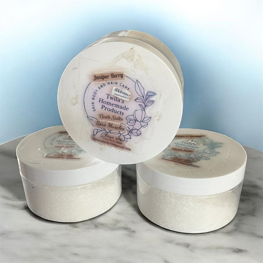 Twila's homemade bath salts in a variety of scents, orange and lavender
